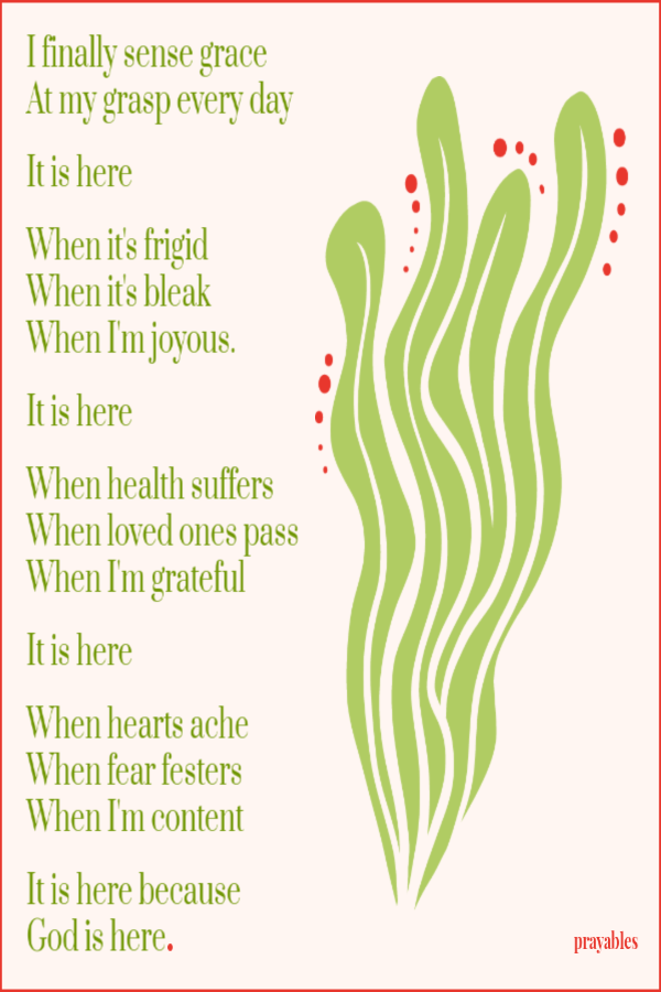 I finally sense the grace that is at my grasp every day. It is here. When it's frigid, when it's bleak, when I'm joyous. It is here.
When health suffers, when loved ones pass, when I'm grateful. It is here. When hearts ache, when fear festers, when I'm content. It is here. It is here, because You are here.