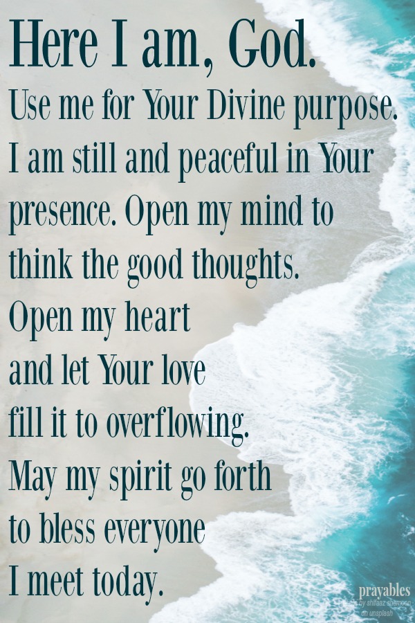 Here I am, God.  Use me for Your Divine purpose. I am still and peaceful in Your presence. Open my mind to  think the good thoughts.  Open my heart  and let Your love fill it to overflowing.  May my spirit go forth  to bless everyone
 I meet today.