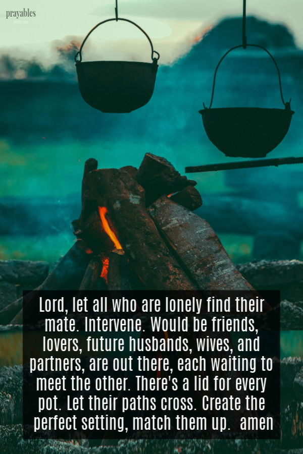 Lord, let all who are lonely find their mate. Intervene. Would be friends, lovers, future husbands, wives, and partners, are out there, each waiting to meet the other. There's a lid for every pot. Let their paths cross. Create the perfect
setting, match them up.  amen