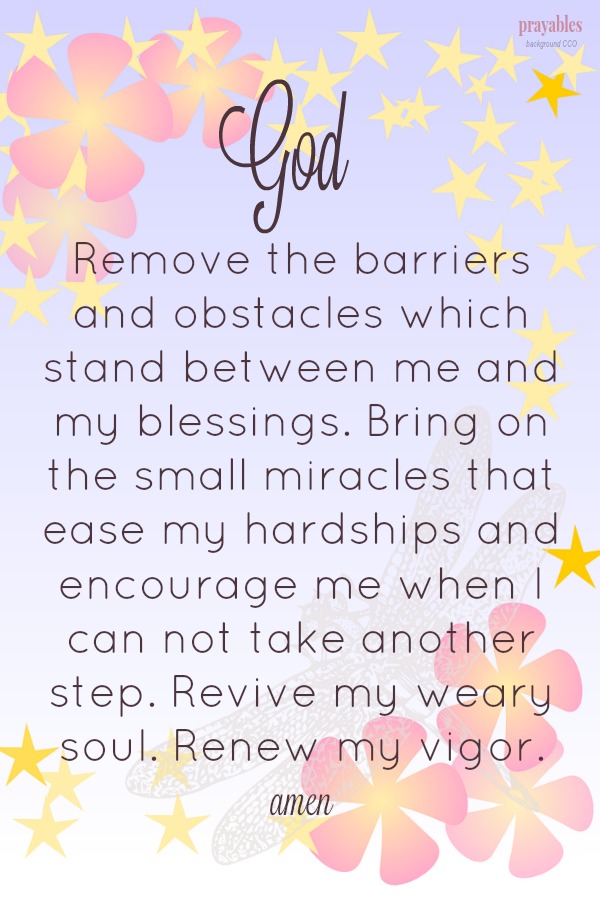 God, Remove the barriers and obstacles which stand between me and my blessings. Bring on the small miracles that ease my hardships and encourage me when I can not take another step. Revive my weary soul. Renew my vigor. amen