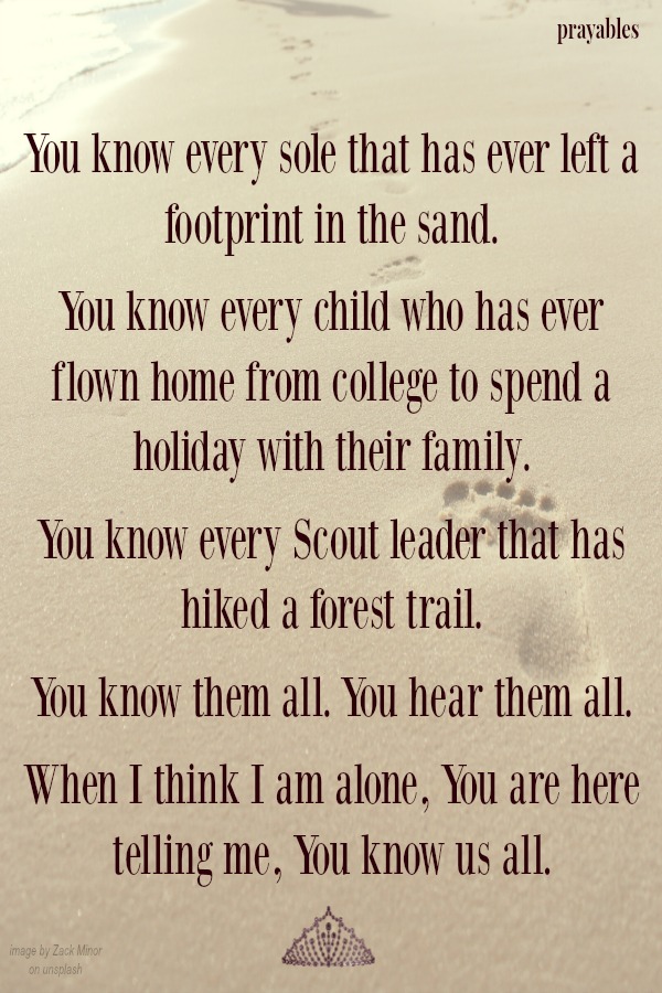 You know every sole that has ever left a footprint in the sand.  You know every child who has ever flown home from college to spend a holiday with their family.  You know every Scout leader that has hiked a forest trail.  You know
them all. You hear them all.  When I think I am alone, You are here telling me, You know us all.