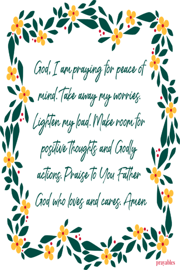 God, I am praying for peace of mind. Take away my worries. Lighten my load. Make room for positive thoughts and Godly actions. Praise to You Father God who loves and cares. Amen