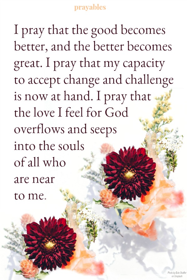 I pray that the good becomes better, and the better becomes great. I pray that my capacity to accept change and challenge is now at hand. I pray that the love I feel for God  overflows and seeps  into the souls of all who  are near to me.