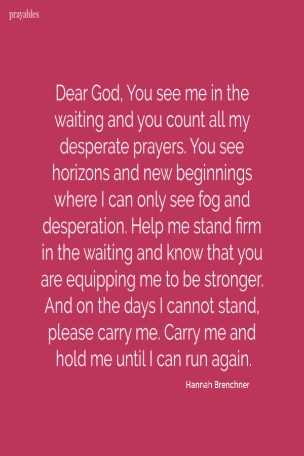 Dear God, You see me in the waiting and you count all my desperate prayers. You see horizons and new beginnings where I can only see fog and desperation. Help me stand firm in
the waiting and know that you are equipping me to be stronger. And on the days I cannot stand, please carry me. Carry me and hold me until I can run again. Hannah Brenchner