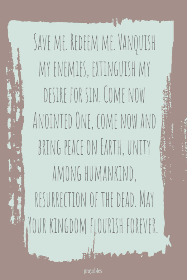 Save me. Redeem me. Vanquish my enemies, extinguish my desire for sin. Come now Anointed One, come now and bring peace on Earth, unity among humankind, resurrection of the
dead. May Your kingdom flourish forever.