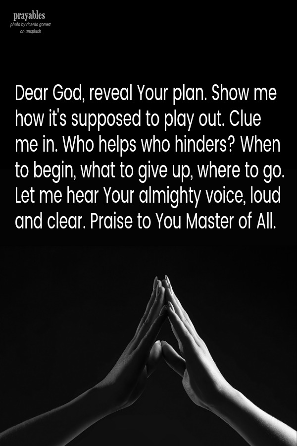 Dear God, reveal Your plan. Show me how it's supposed to play out. Clue me in. Who helps who hinders? When to begin, what to give up, where to go. Let me hear Your almighty voice, loud and clear. Praise to You Master of All.  