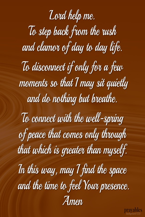  Lord help me.  To step back from the rush  and clamor of day to day life.    To disconnect if only for a few  moments so that I may sit quietly  and do nothing but breathe.    To connect with the well-spring  of peace that comes
only through  that which is greater than myself.  In this way, may I find the space  and the time to feel Your presence.  Amen