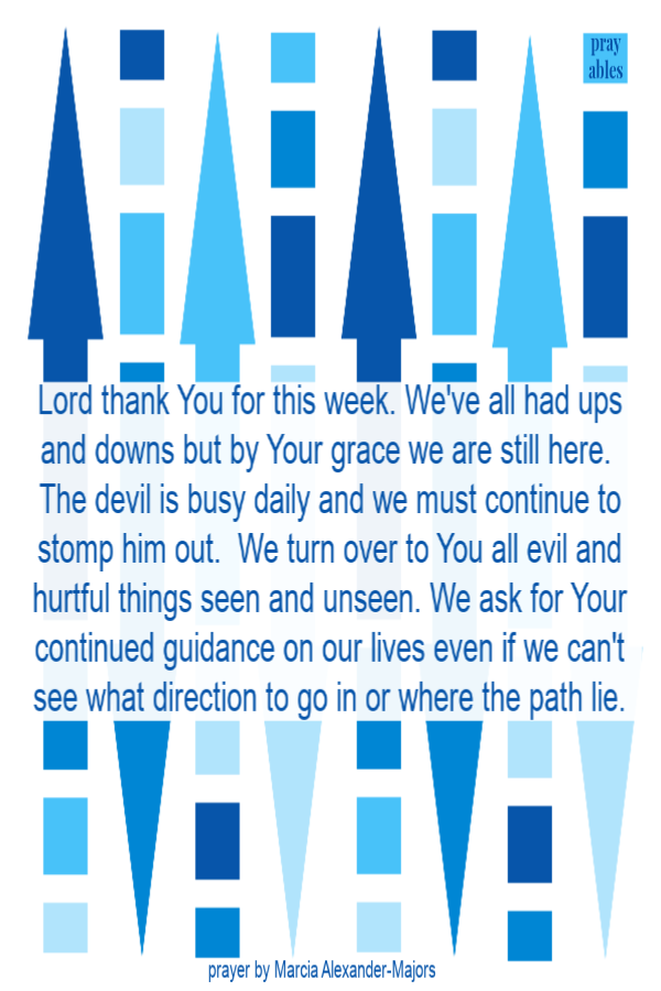 Lord thank You for this week. We've all had ups and downs but by Your grace we are still here.  The devil is busy daily and we must continue to stomp him out.  We turn over to You all evil and hurtful things seen and unseen. We ask for Your
continued guidance on our lives even if we can't see what direction to go in or where the path lie. 