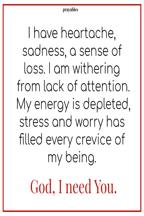 I have heartache, sadness, a sense of loss. I am withering from lack of attention. My energy is depleted,stress and worry has filled every crevice of my being.  God I need you.