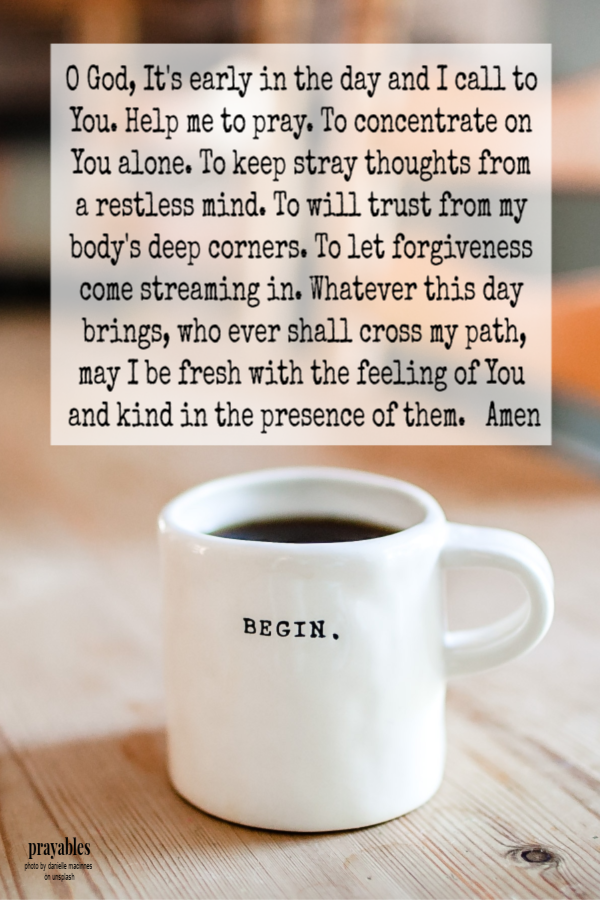 O God, It's early in the day and I call to You. Help me to pray. To concentrate on You alone. To keep stray thoughts from a restless mind.  To will trust from my body's deep corners. To let forgiveness come streaming in. Whatever this day
brings, who ever shall cross my path, may I be fresh with the feeling of You and kind in the presence of them.   Amen