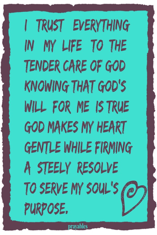 I trust everything in my life to the tender care of God, knowing that God's will for me is true. God makes gentle my heart while firming a steely resolve to serve my soul's purpose. 