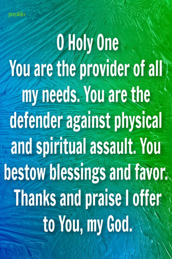 O Holy One, You are the provider for all my needs. You are the defender against physical and spiritual assault. You bestow blessing and favor. Thanks and praise I offer to You, my God.