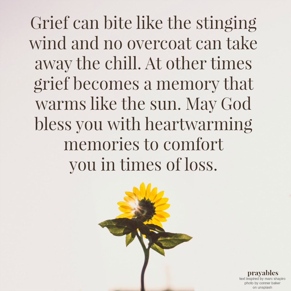 Grief can bite like the stinging wind and no overcoat can take away the chill. At other times grief becomes a memory that warms like the sun. May God bless you with heartwarming memories to comfort you in times of loss. Marc Shapiro
(adapted)