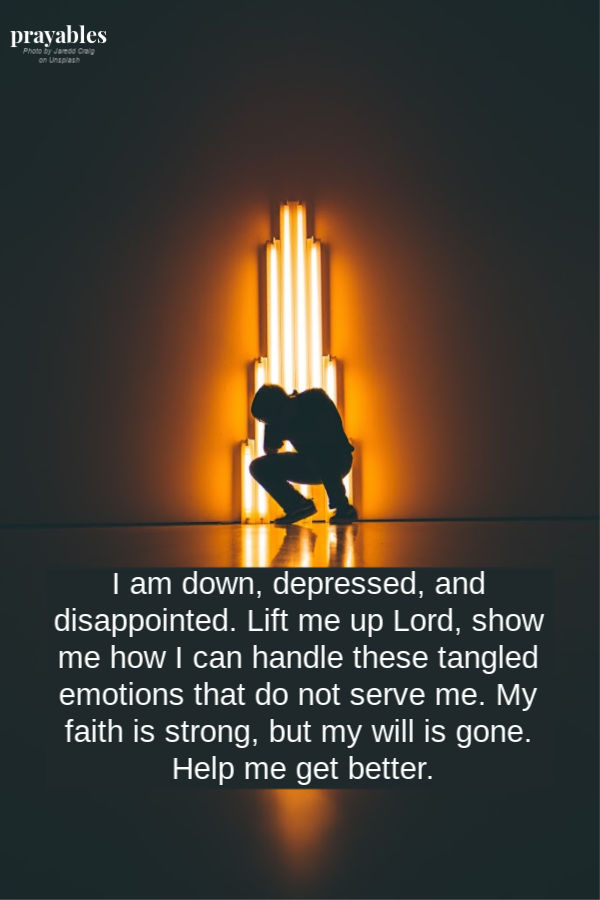 I am down, depressed, and disappointed. Lift me up Lord, show me how I can handle these tangled emotions that do not serve me. My faith is strong, but my will is gone. Help me get better.