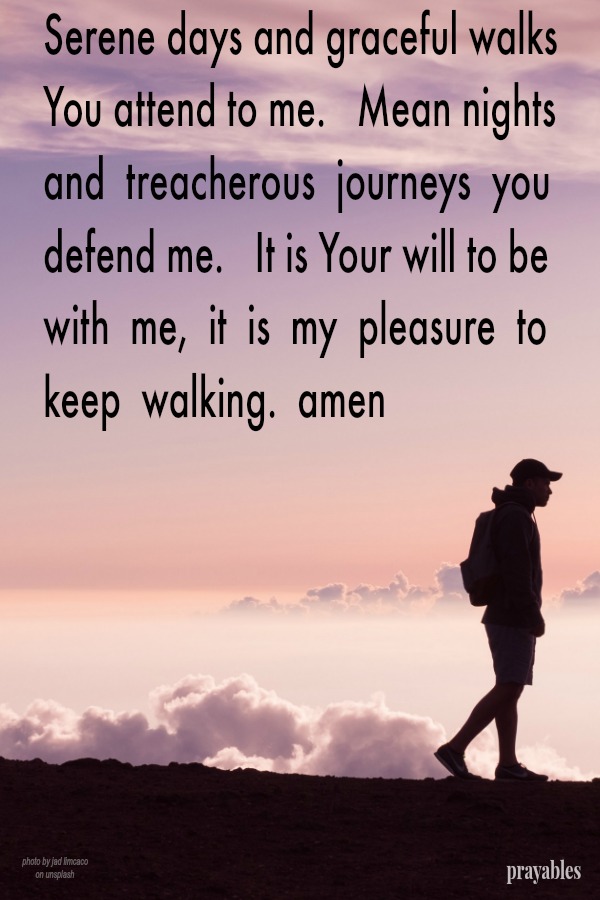 Serene days and graceful walks  You attend to me.   Mean nights  and  treacherous  journeys  you defend me.   It is Your will to be  with  me,  it  is  my  pleasure  to  keep  walking.  amen