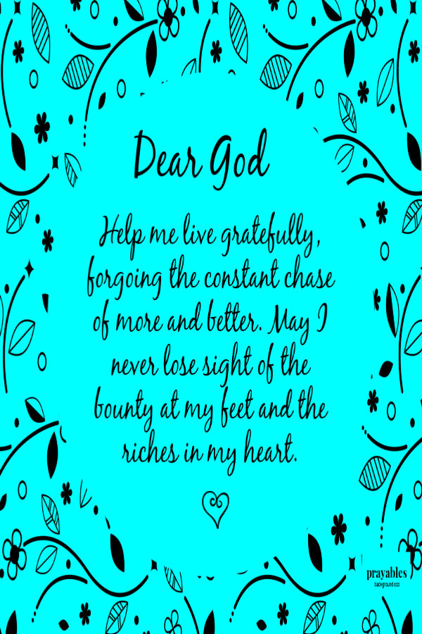 Help me live gratefully, forgoing the constant chase of more and better. May I never lose sight of the bounty at my feet and the riches in my heart. 