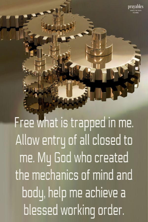 Free what is trapped inside me. Allow entry of all closed to me. My God who created the mechanics of mind and body, help me achieve
a blessed working order.