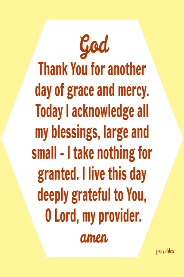 God Thank You for another day of grace and mercy. Today I acknowledge all my blessings, large and small - I take nothing for granted. I live this day deeply grateful to You,  O Lord, my provider. amen