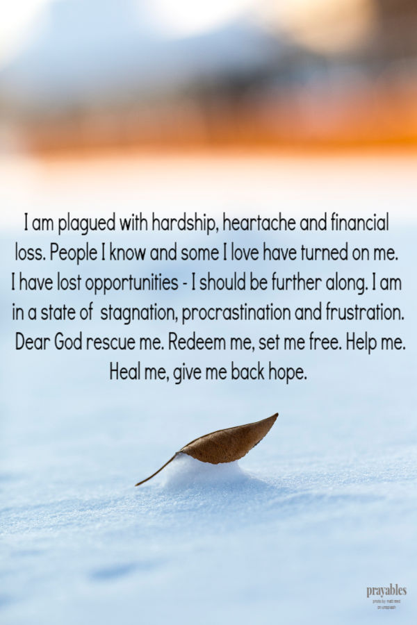 I am plagued with hardship, heartache and financial loss. People I know and some I love have turned on me.  I have lost
opportunities - I should be further along. I am in a state of  stagnation, procrastination and frustration. Dear God rescue me. Redeem me, set me free. Help me. Heal me, give me back hope. 