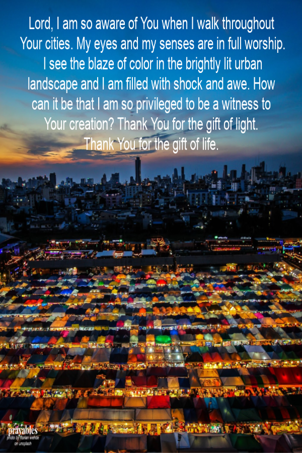 Lord, I am so aware of You when I walk throughout Your cities. My eyes and my senses are in full worship. I see the blaze of color in the brightly lit urban landscape and I am filled with shock and awe. How can it be that I am so privileged
to be a witness to Your creation? Thank You for the gift of light. Thank You for the gift of life. 