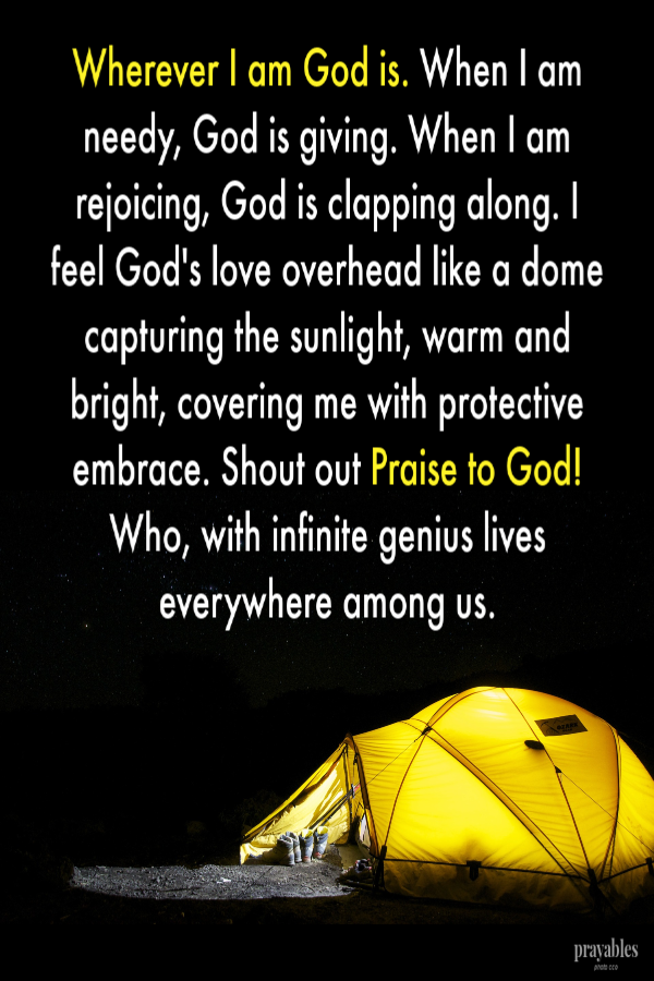 Wherever I am God is. When I am needy, God is giving. When I am rejoicing, God is clapping along. I feel God's love overhead like a
dome capturing the sunlight, warm and bright, covering me with protective embrace. Shout out Praise to God! Who, with infinite genius lives everywhere among us. 