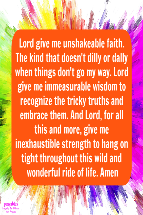 Lord give me unshakeable faith. The kind that doesn't dilly or dally when things don't go my way. Lord give me immeasurable wisdom to recognize the tricky truths and embrace them. And Lord, for all this and more, give me inexhaustible
strength to hang on tight throughout this wild and wonderful ride of life. Amen