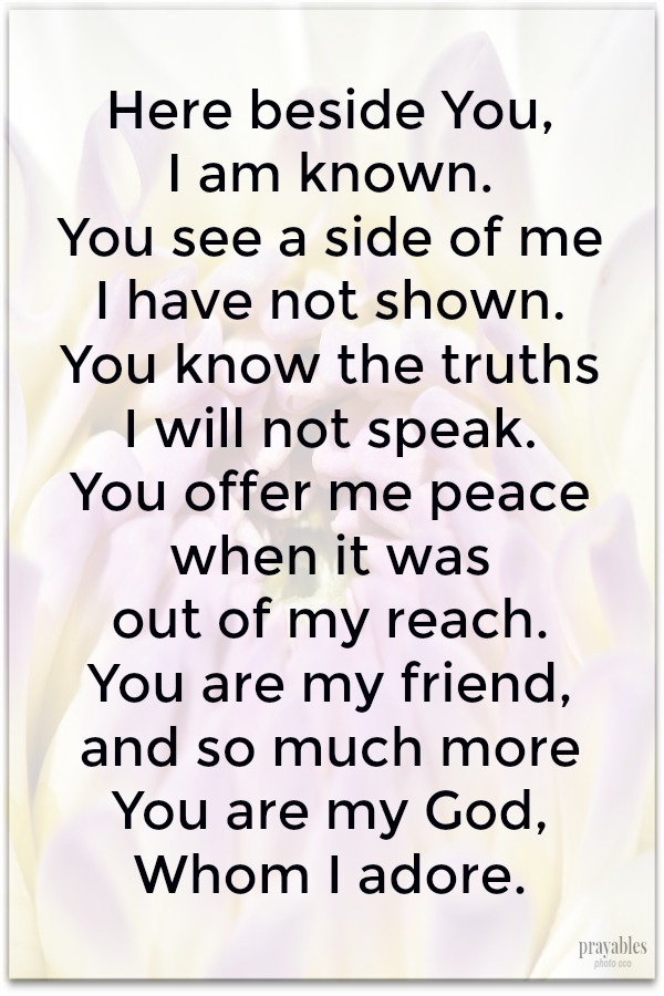 Here beside You, I am known. You see a side of me I have not shown. You know the truths I will not speak. You brought peace when it was out of reach. You are my friend, and so much more You are my God, Whom I adore.