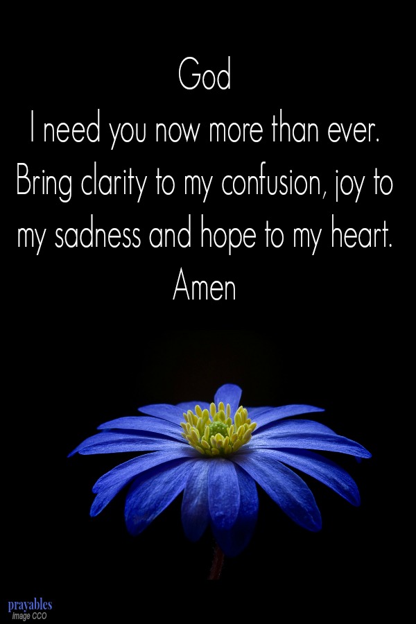 God, I need you now more than ever. Bring clarity to my confusion, joy to my sadness and hope to my heart. Amen