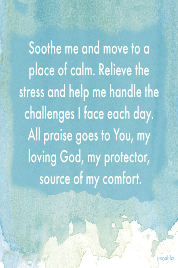 Soothe me and move to a place of calm. Relieve the stress and help me handle the challenges I face each day. All praise goes to You, my loving God, my protector, source of my
comfort.