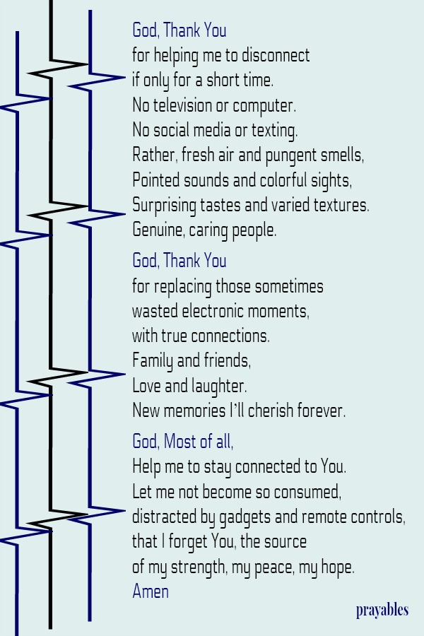 God, Thank You for helping me to disconnect if only for a short time. No television or computer. No social media or texting. Rather, fresh air and pungent smells, Pointed sounds and colorful sights, Surprising tastes and varied
textures. Genuine, caring people.  God, Thank You for replacing those sometimes wasted electronic moments, with true connections. Family and friends, Love and laughter. New memories I’ll cherish forever.  God, Most of all, Help me to stay connected to You. Let me not become so consumed, distracted by gadgets and remote controls, that I forget You, the source of my strength, my peace, my hope. Amen