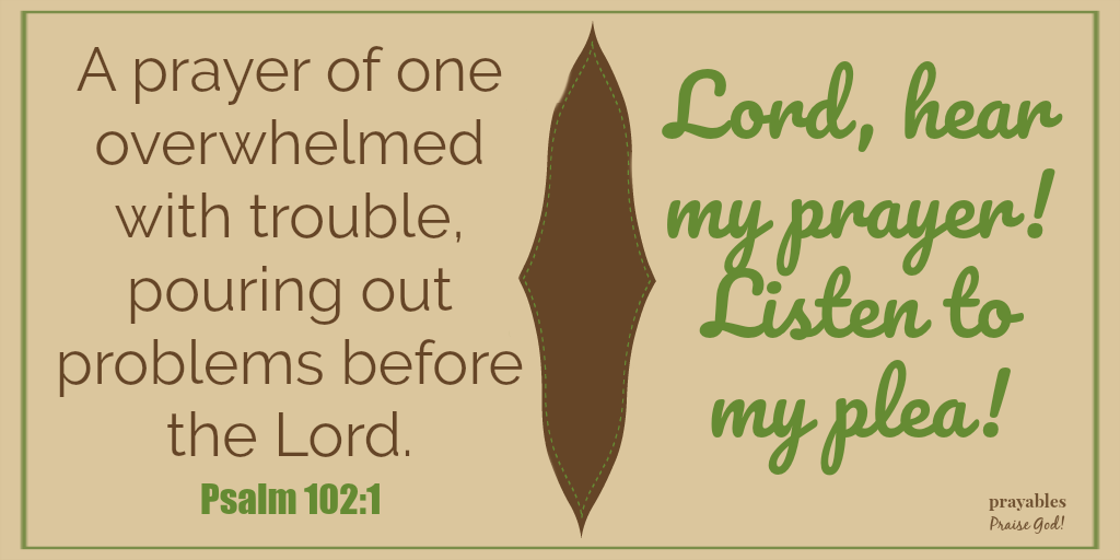 Psalm 102:1 A prayer of one overwhelmed with trouble, pouring out problems before the Lord. Lord, hear my prayer! Listen to my plea!