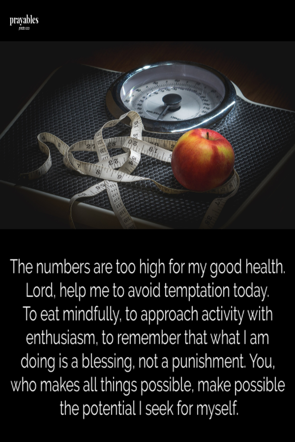 The numbers are too high for my good health. Lord, help me to avoid temptation today.  To eat mindfully, to approach activity with enthusiasm, to remember that what I am doing is a blessing, not a punishment. You, who makes all things possible, make
possible the potential I seek for myself.