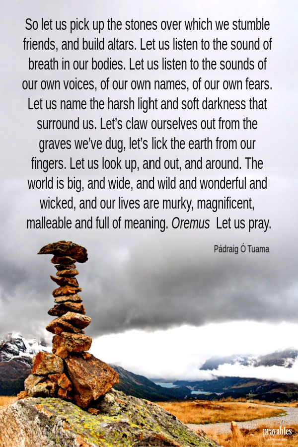 So let us pick up the stones over which we stumble friends, and build altars. Let us listen to the sound of breath in our bodies. Let us listen to the sounds of our own
voices, of our own names, of our own fears. Let us name the harsh light and soft darkness that surround us. Let’s claw ourselves out from the graves we’ve dug, let’s lick the earth from our fingers. Let us look up, and out, and around. The world is big, and wide, and wild and wonderful and wicked, and our lives are murky, magnificent, malleable and full of meaning. Oremus  Let us pray. Padraig O Tuama