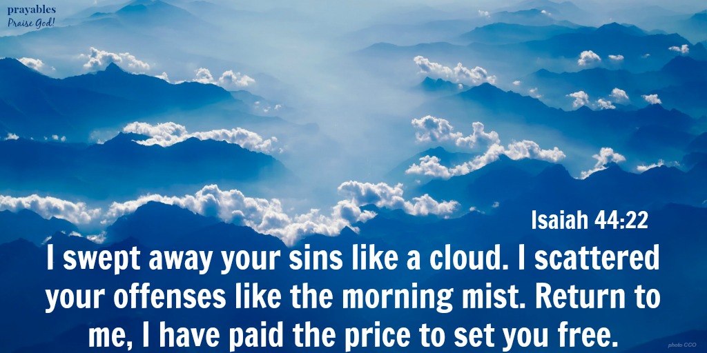 Isaiah 44:22 I have swept away your sins like a cloud. I have scattered your offenses like the morning mist. Return to me I have paid the price to set you free.