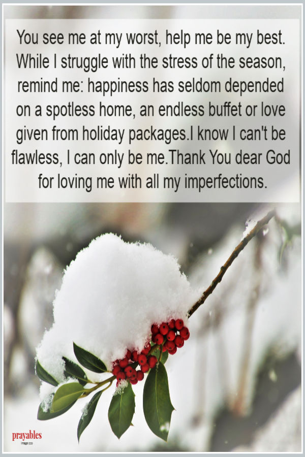 You see me at my worst, help me be my best. Struggling with the stress of the season, remind me: happiness has seldom depended on a spotless home, an endless buffet or love
given from holiday packages. I know I can't be flawless, I can only be me. Thank You dear God for loving me with all my imperfections.