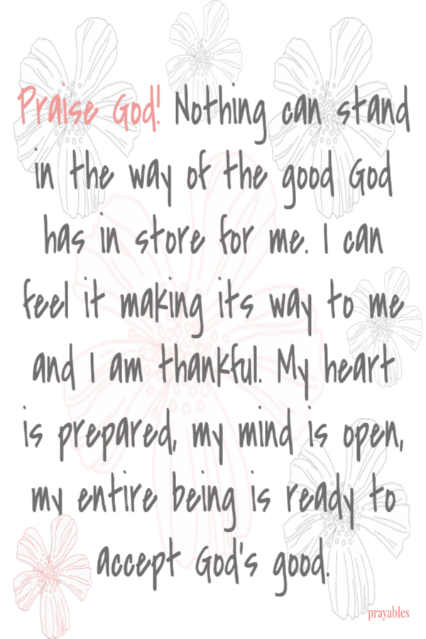 Praise God! Nothing can stand in the way of the good God has in store for me. I can feel it making its way to me and I am thankful.
My heart is prepared, my mind is open to it, my entire being is ready to accept it.