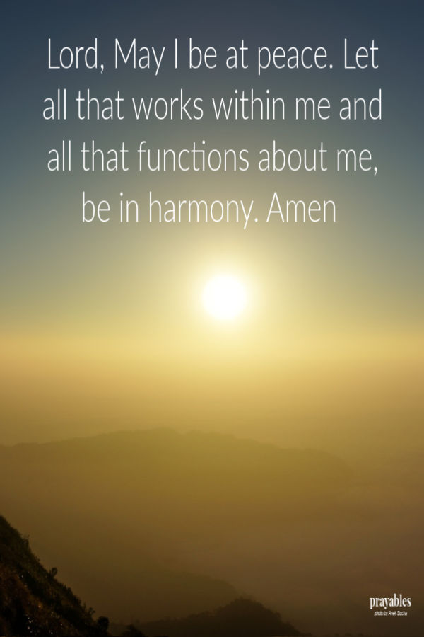 Lord,  May I be at peace. Let all that works within me and all that functions about me, be in harmony.  Amen  