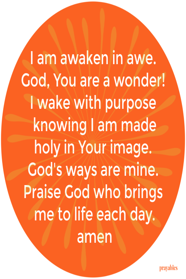 I am awaken in awe.  God, You are a wonder!  I wake with purpose knowing I am made holy in Your image.  God's ways are mine. Praise God who brings me to life each day. amen