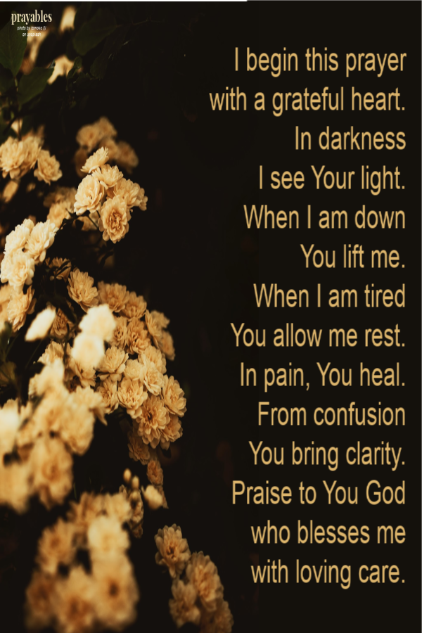 I begin this prayer with a grateful heart. In darkness  I see Your light. When I am down  You lift me.  When I am tired  You allow me rest.  In pain, You heal.  From confusion  You bring clarity. Praise to You God  who blesses me  with
loving care. 