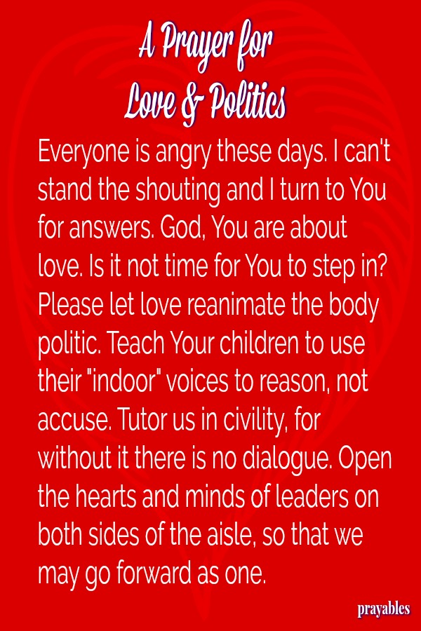 A Prayer for Love & Politics Everyone is angry these days. I can't stand the shouting and I turn to You for answers. God, You are about love. Is it not time for You to step in? Please let love reanimate the body politic. Teach
Your children to use their "indoor" voices to reason, not accuse. Tutor us in civility, for without it there is no dialogue. Open the hearts and minds of leaders on both sides of the aisle, so that we may go forward as one.