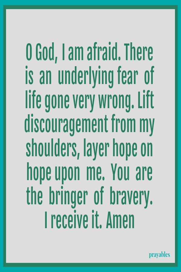 O God, I am afraid. There is  an  underlying fear  of  life gone very wrong. Lift discouragement from my  shoulders, layer hope on hope upon  me.  You  are  the  bringer  of  bravery.  I receive it. Amen 