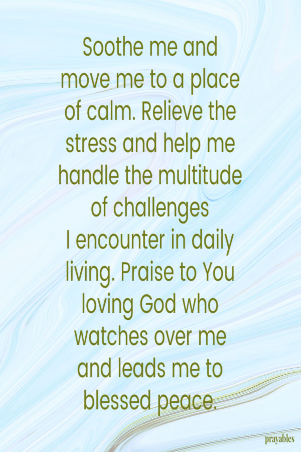 Soothe me and move me to a place of calm. Relieve the stress and help me handle the multitude of challenges  I encounter in daily
living. Praise to You loving God who watches over me and leads me to blessed peace. 