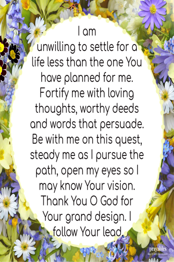 I am unwilling to settle for a life less than the one You have planned for me. Fortify me with loving thoughts, worthy deeds and
words that persuade. Be with me on this quest, steady me as I pursue the path, open my eyes so I may know Your vision. Thank You O God for Your grand design. I follow Your lead.