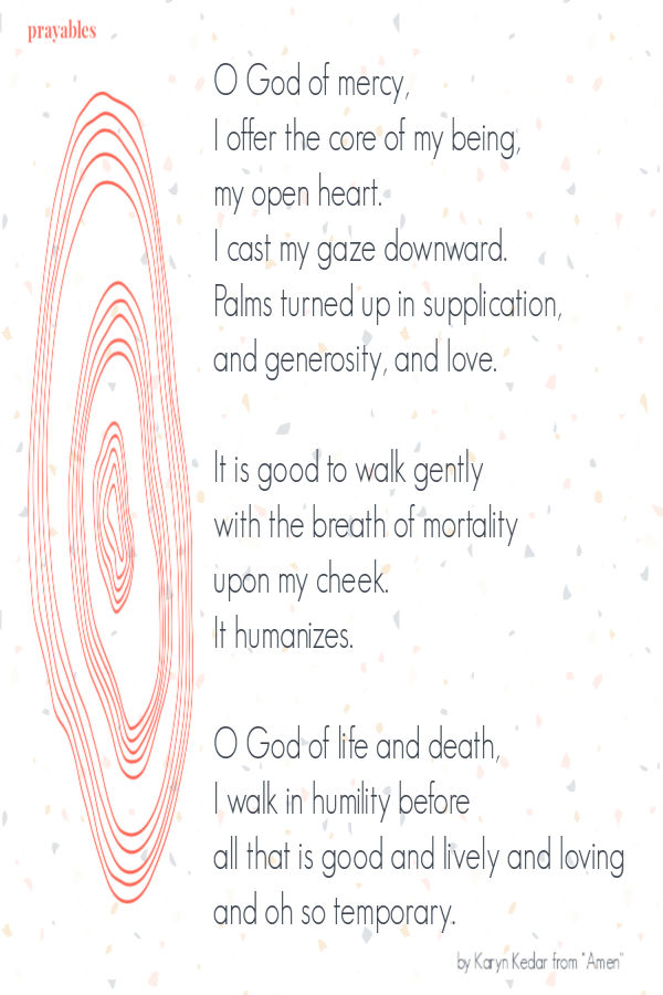 O God of mercy, I offer the core of my being, my open heart. I cast my gaze downward. Palms turned up in supplication, and generosity, and love.  It is good to walk gently
with the breath of mortality upon my cheek. It humanizes.  O God of life and death, I walk in humility before all that is good and lively and loving and oh so temporary.