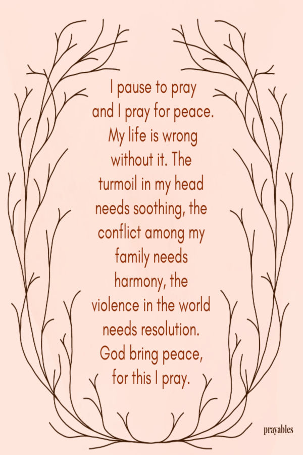 I pause to pray and I pray for peace. My life is wrong  without it. The turmoil in my head needs soothing, the conflict among my
family needs harmony, the violence in the world needs resolution. God bring peace,  for this I pray. 