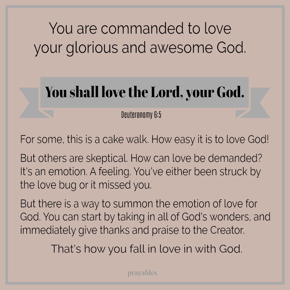 Deuteronomy 6:5 You shall love the Lord, your God. You are commanded to love your glorious and awesome God. For some, this is a cake walk. How easy it is to love God! But others are skeptical. How can love be demanded? It’s an
emotion. A feeling. You’ve either been struck by the love bug or it missed you.  But there is a way to summon the emotion of love for God. You can start by taking in all of God’s wonders, and immediately give thanks and praise to the Creator. That’s how you fall in love with God.