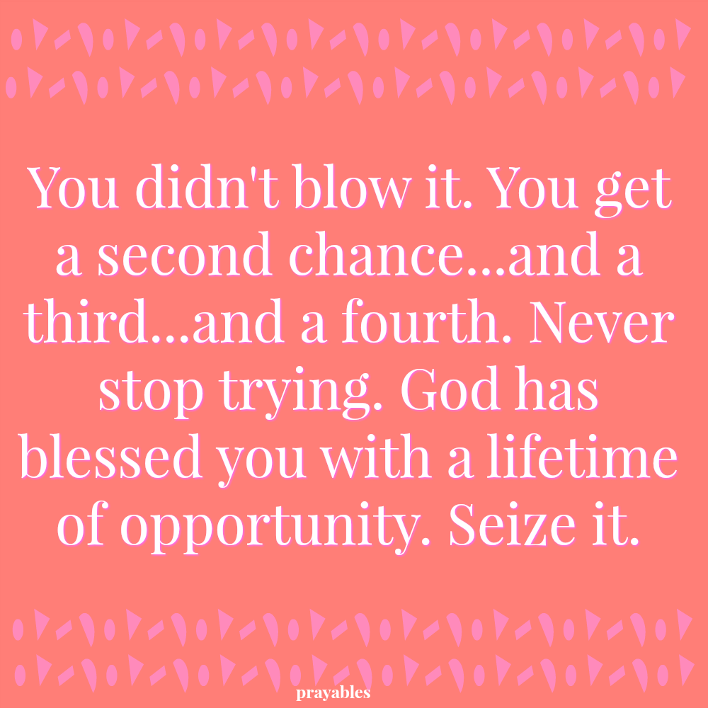 You didn’t blow it. You get a second chance…and a third…and a fourth. Never stop trying. God has blessed you with a lifetime of opportunity. Seize it.