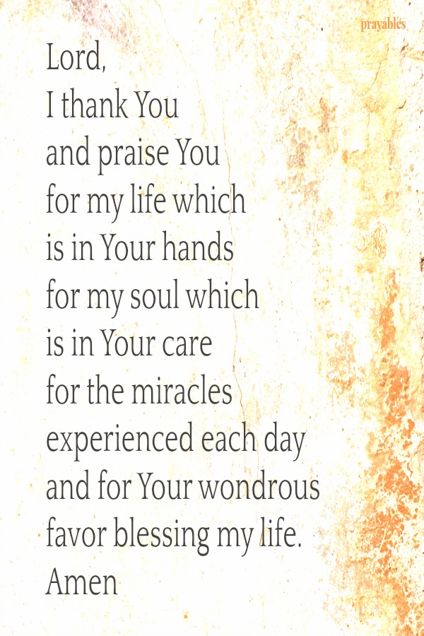 Lord,  I thank You  and praise You  for my life which  is in Your hands for my soul which  is in Your care for the miracles  experienced each day and for Your wondrous favor blessing my life. Amen