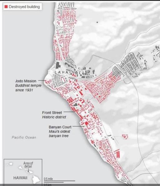 Map of buildings destroyed in Lahaina fire