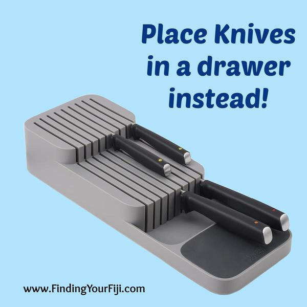 Knife organizer for drawer (keep knives off kitchen counter as they are cutting energy)